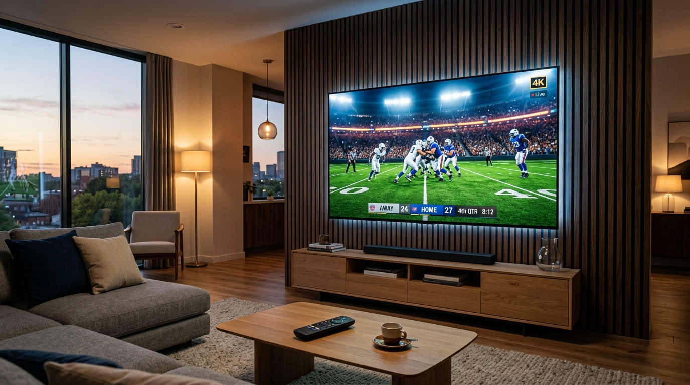 75-inch 4K OLED TV in modern American living room streaming live sports with Firestick remote